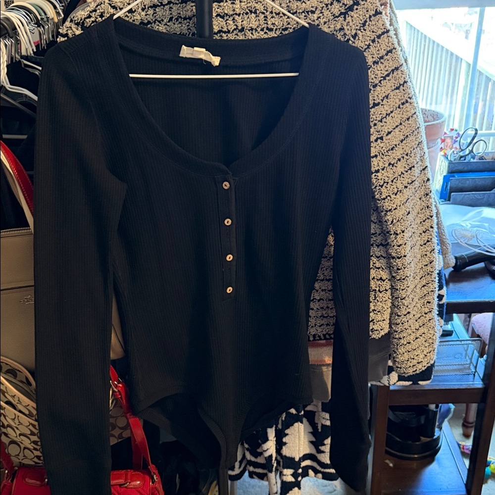 Vanilla Bay Black Ribbed Henley Bodysuit